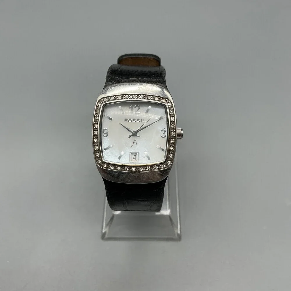 Fossil F2 ES-9719 Womens Watch 25mm MOP Dial Black Leather New Battery